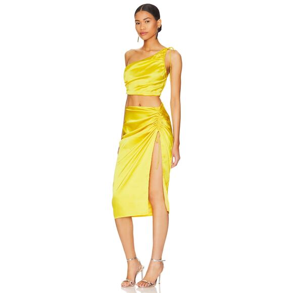 Superdown Kristy Ruched Midi Skirt Yellow Satin Front Slit High Rise Sz S - Picture 2 of 10